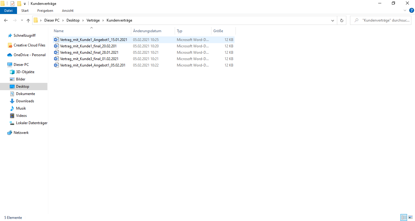 Example of a uniform file-naming convention for contracts, with date, project and customer name