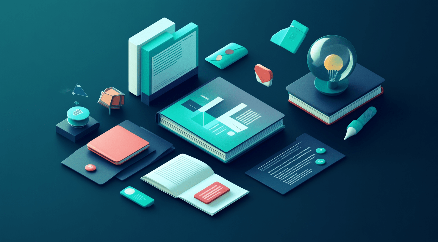 Isometric illustration of learning materials — books, notes and a lightbulb — symbolizing contract management training.