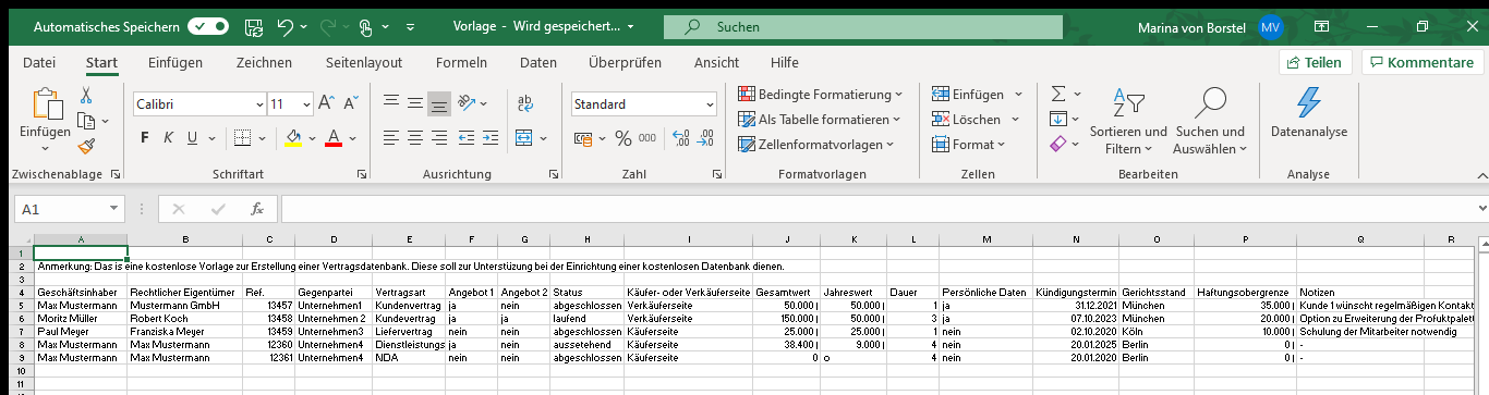Simple contract database in Excel showing key parameters such as contract type, amount and deadline per contract