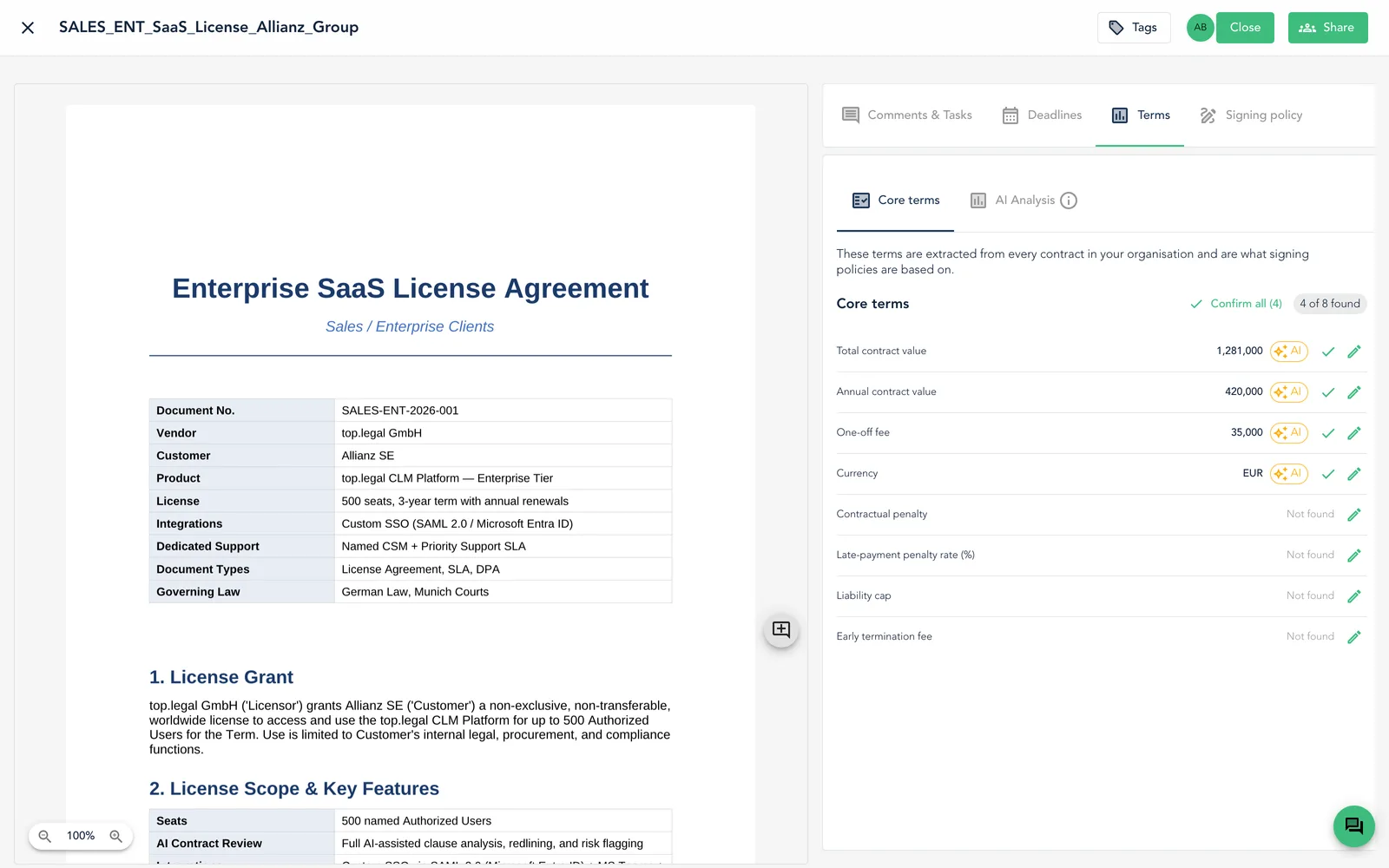 Core terms extracted from the contract by AI, including total contract value, annual value and currency